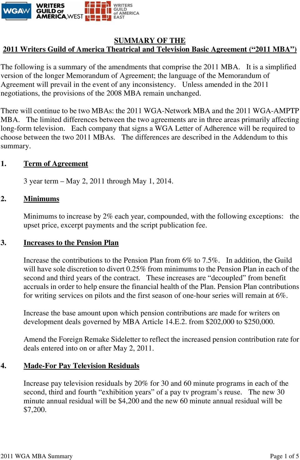 Wga Basic Agreement Summary Of The 2011 Writers Guild Of America Theatrical And