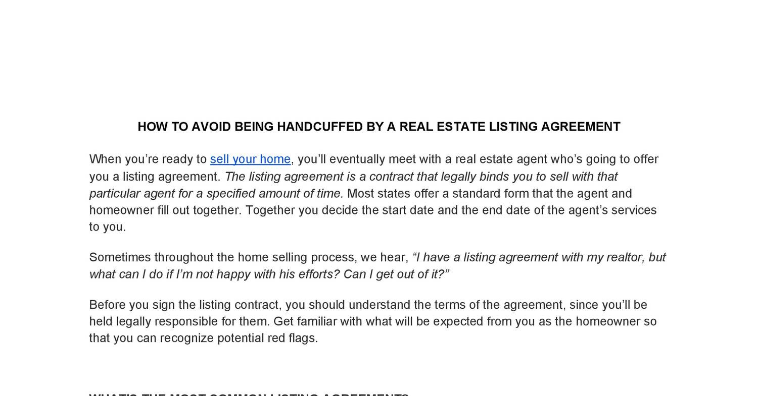 What Is A Listing Agreement In Real Estate How To Avoid Being Handcuffed A Real Estate Listing Agreementpdf