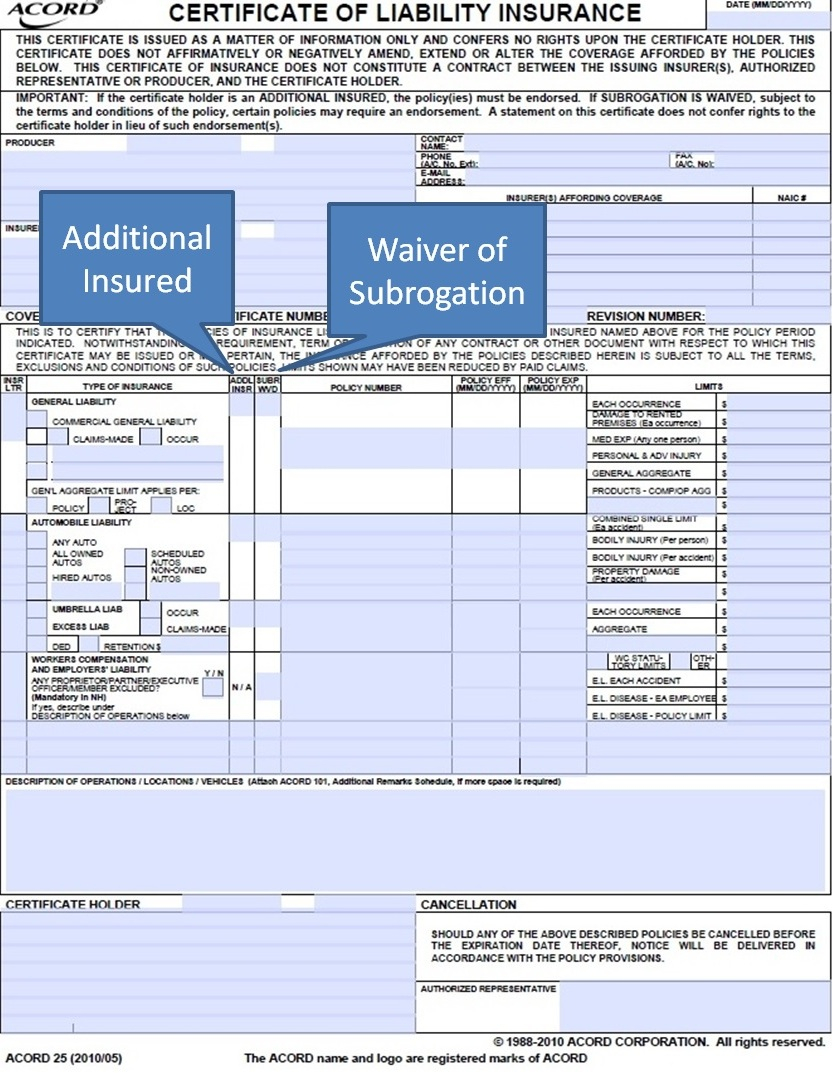 What Is A Subrogation Agreement Simply Easier Acord Forms Acord 25 Additional Insured And Waiver