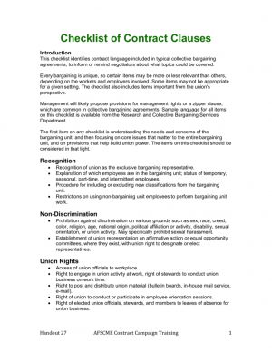 Workers Agreement Sample Checklist Of Contract Clauses