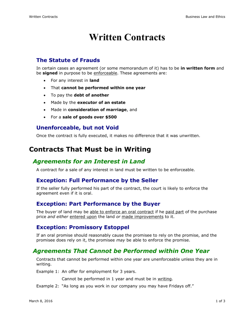 Writing Contract Agreement Written Contracts